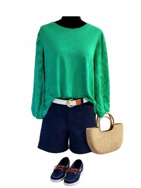 St. John’s Bay Green Cotton Top | Eyelet Balloon Sleeve | NWT | Tall